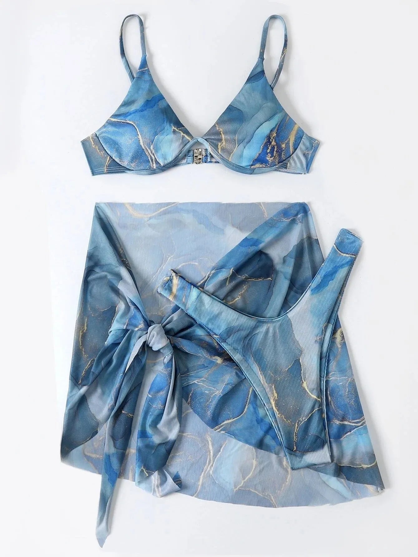 Marble printed women's 3-piece bikini swimwear set in various colours