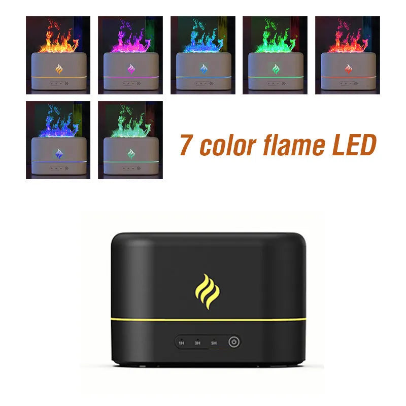 Black USB humidifier with 7-colour flame effect showing mist output from single fog outlet