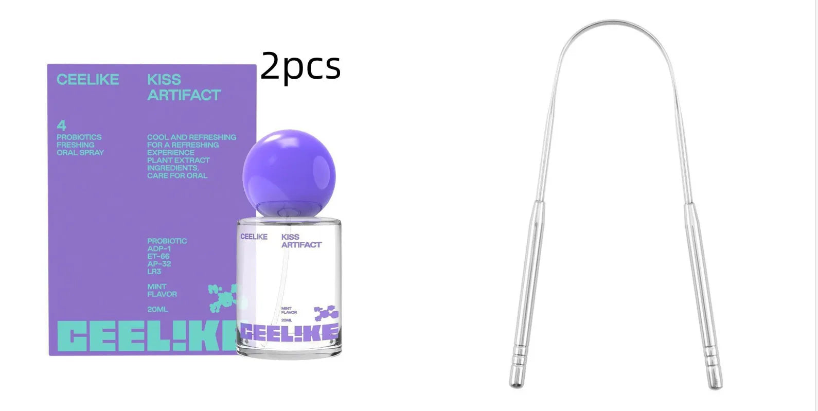 A portable 20ml bottle of probiotics oral care spray with a white pump spray head.