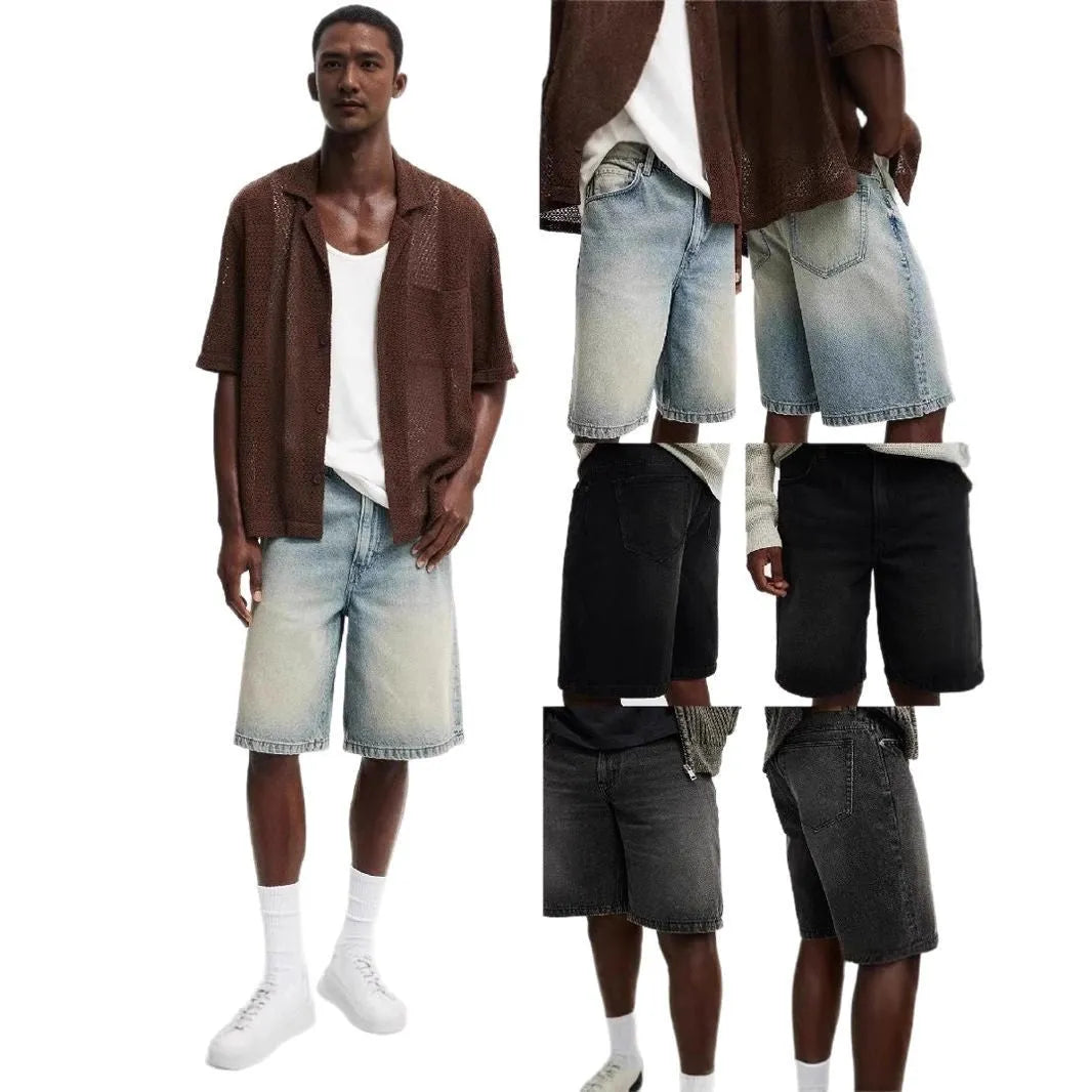 Men's loose straight-leg cotton jeans in light blue, black or grey for summer wear