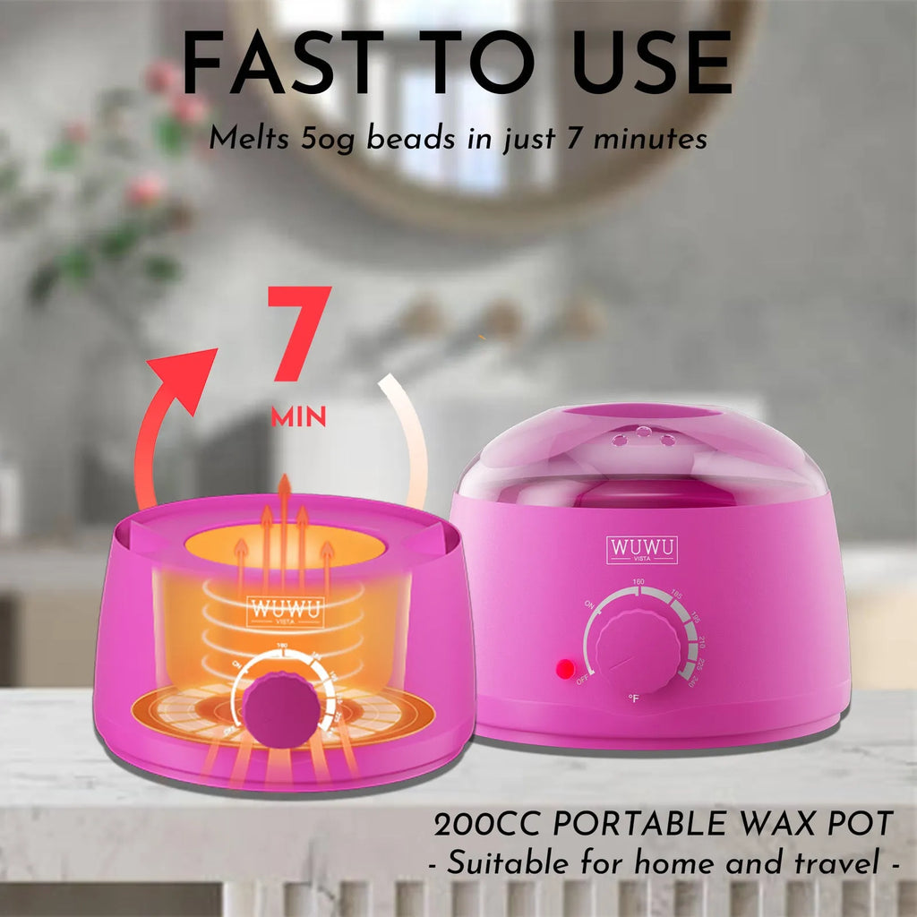 WUWUVISTA 63-piece waxing kit with black wax warmer, pots of wax beans, lotion, and applicator sticks on a pink background.