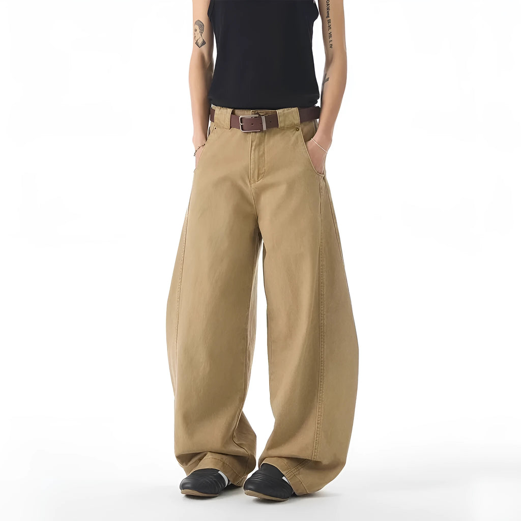 Brown Korean style loose fit men's jeans with straight leg design and button cardigan opening