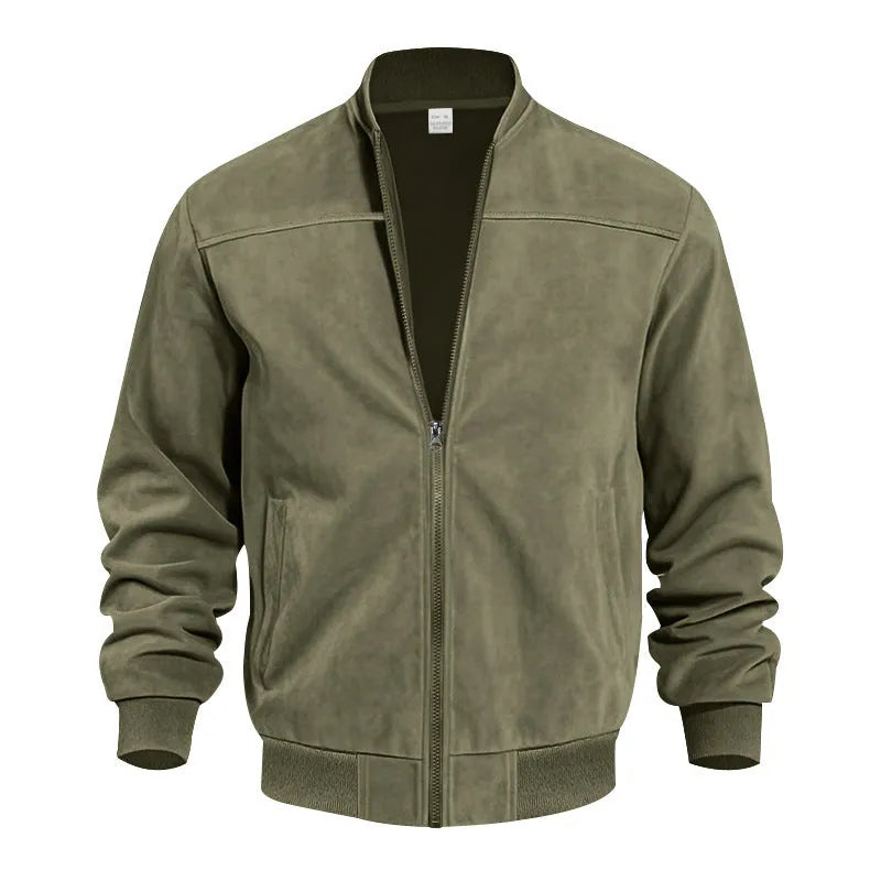 Men's plus size suede zip jacket in army green colour showing regular fit and cotton lining