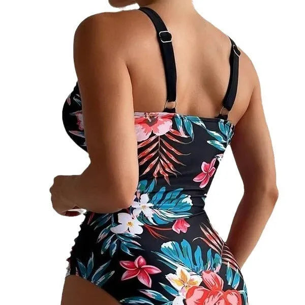 Women's floral printed backless one-piece swimsuit in spandex fabric