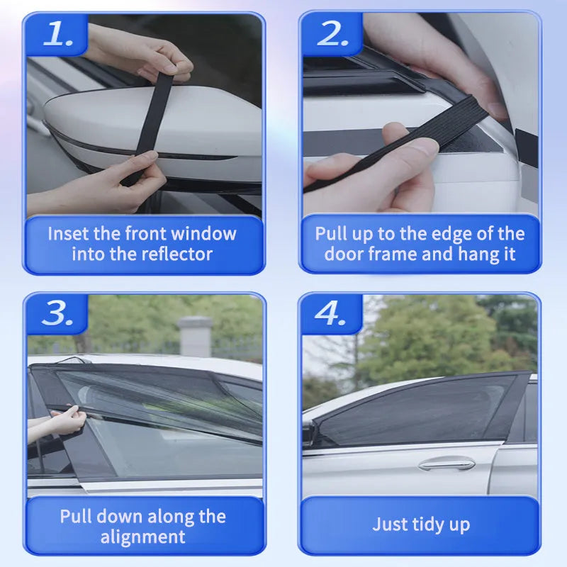 Car side window sunshade mesh cover installed on vehicle door with elastic strip fixation