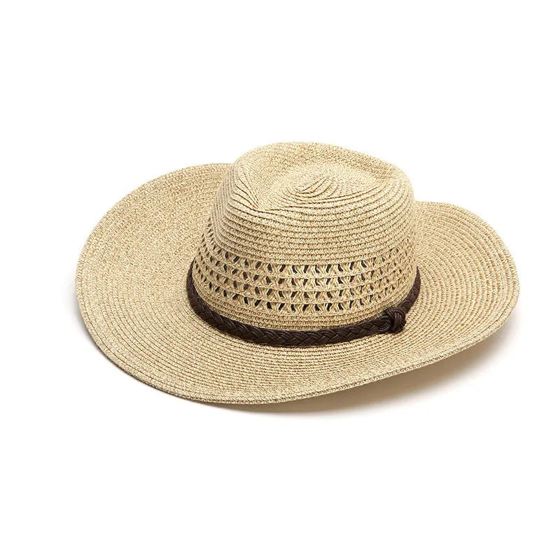 Men's foldable wide brim straw hat in mixed beige colour shown from side angle