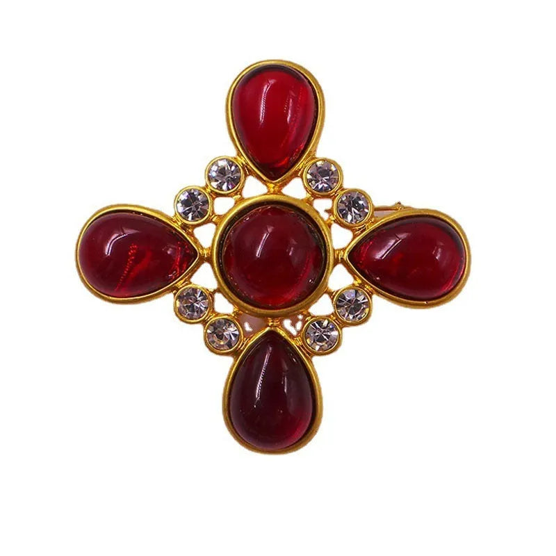 Close-up of a vintage zinc alloy baroque cross brooch with crystals, showing one of eight available colour styles.