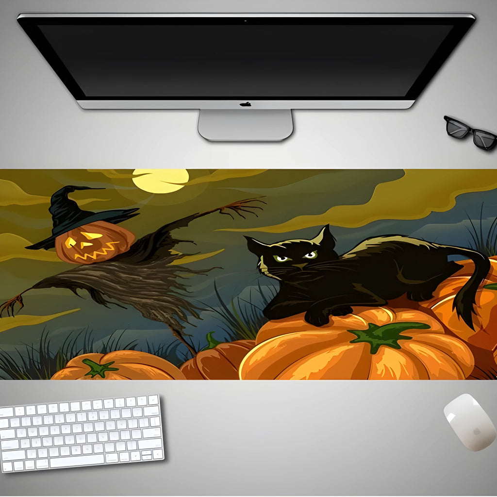 Large Halloween-themed computer mouse pad with graphic design on a desk