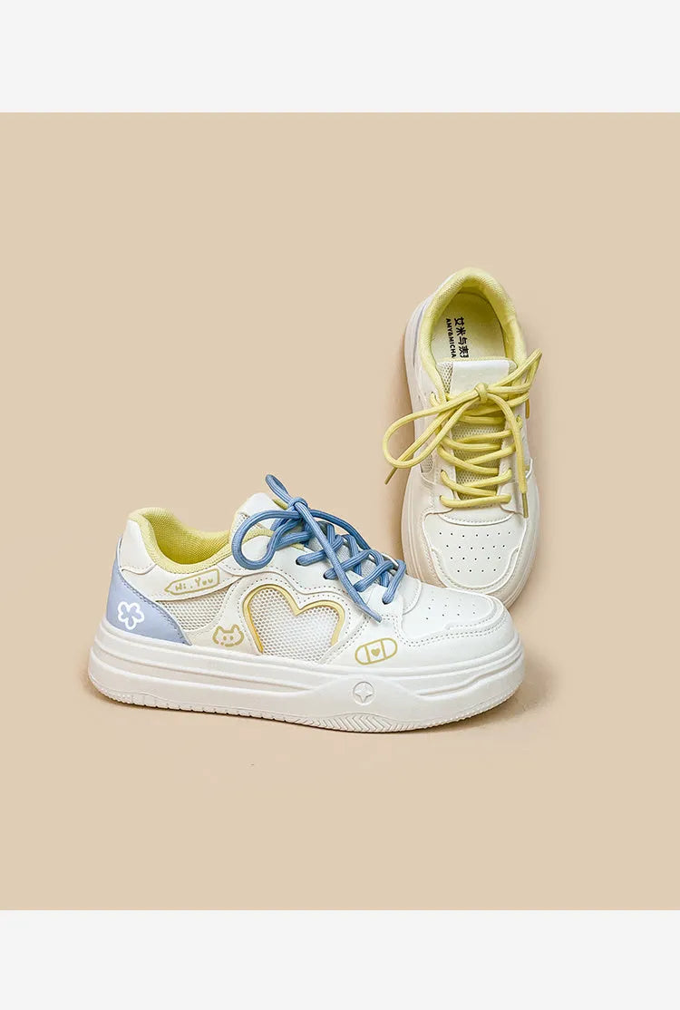 Korean style mesh breathable sneakers in Meow Rabbit Sea Salt Cheese colour with rubber soles and lace-up closure