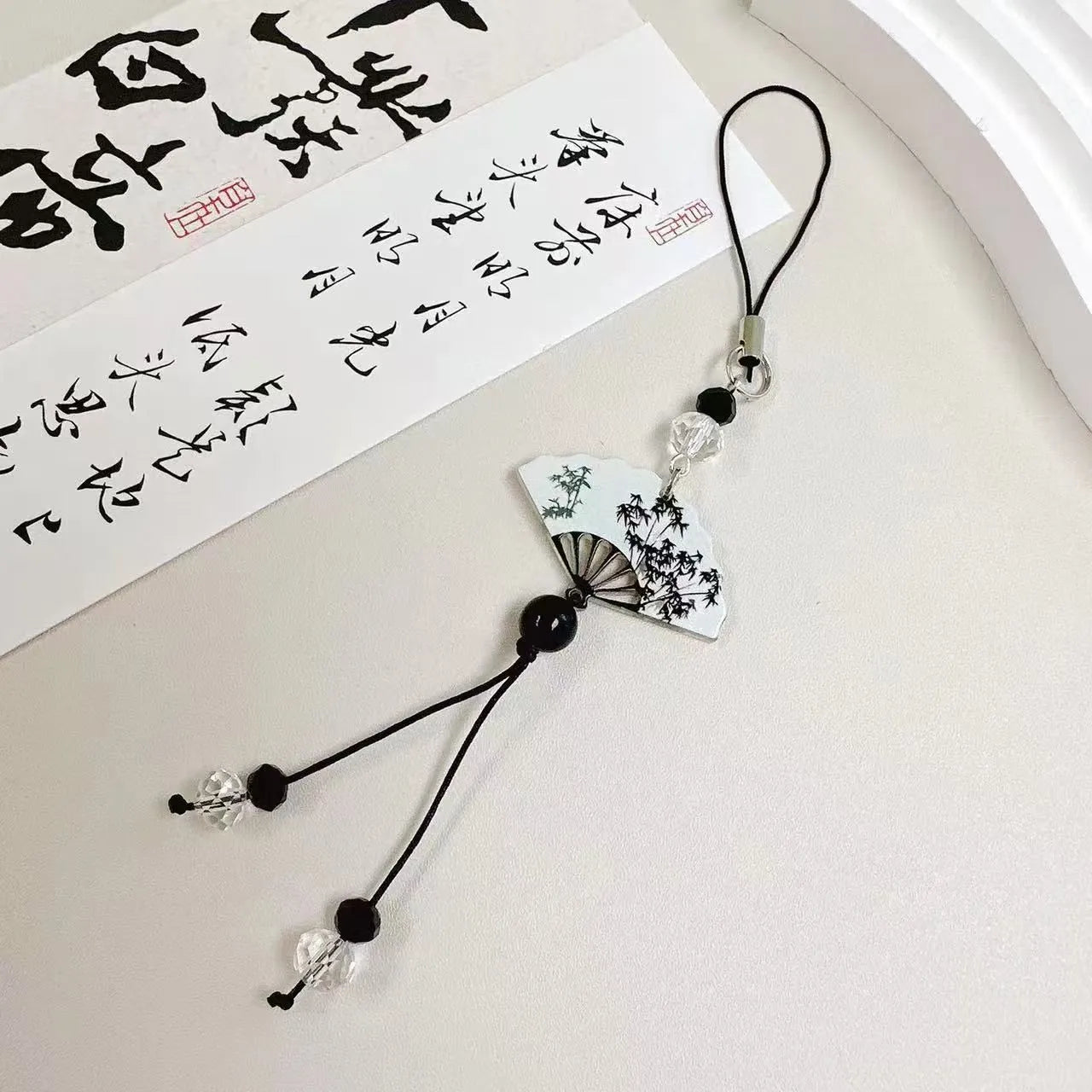 Guofeng Chinese style bead pendant keychain with floral pattern in Fan or Poetry colour.