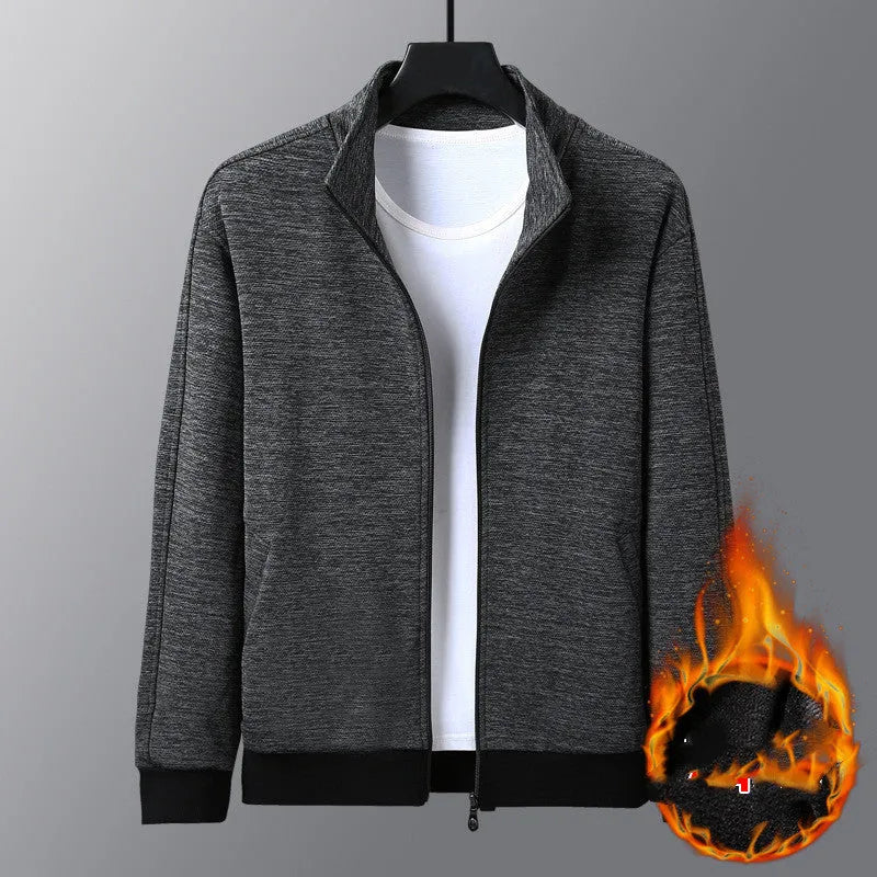 Men's black stand-up collar zip-front jacket in an athletic fit on a hanger.