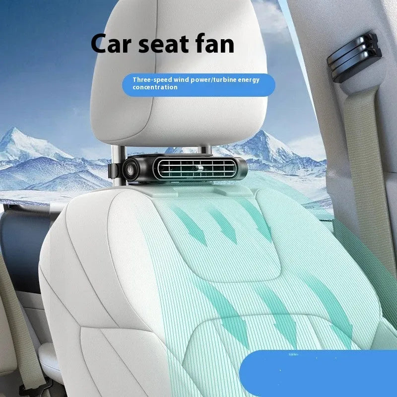 USB car seat fan with no blades, showing Velcro strap and control button, in beige colour.