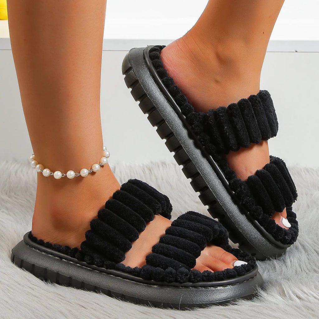 Soft lamb wool women's cotton slippers in black with plush upper and EVA sole