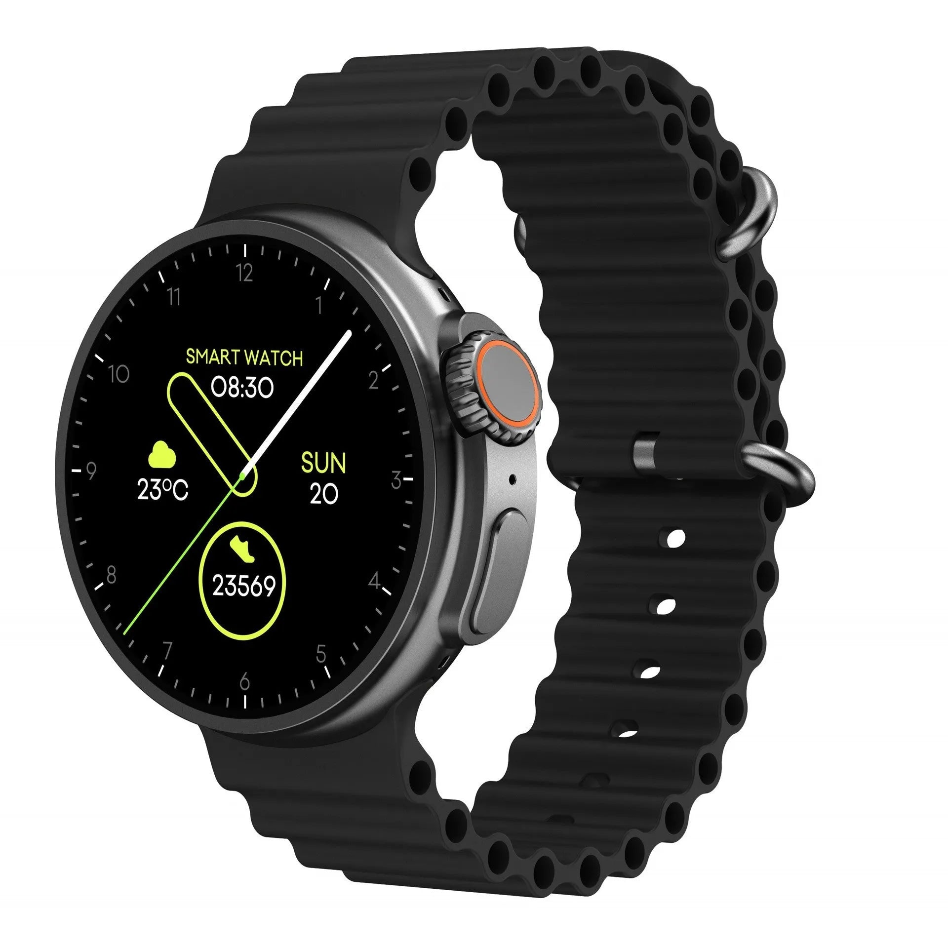 Black K9 smart watch with round screen on a silicone strap, showing a watch face with health metrics.