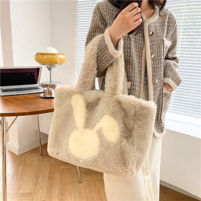 Plush cartoon rabbit ears shoulder bag in solid colour with large capacity design