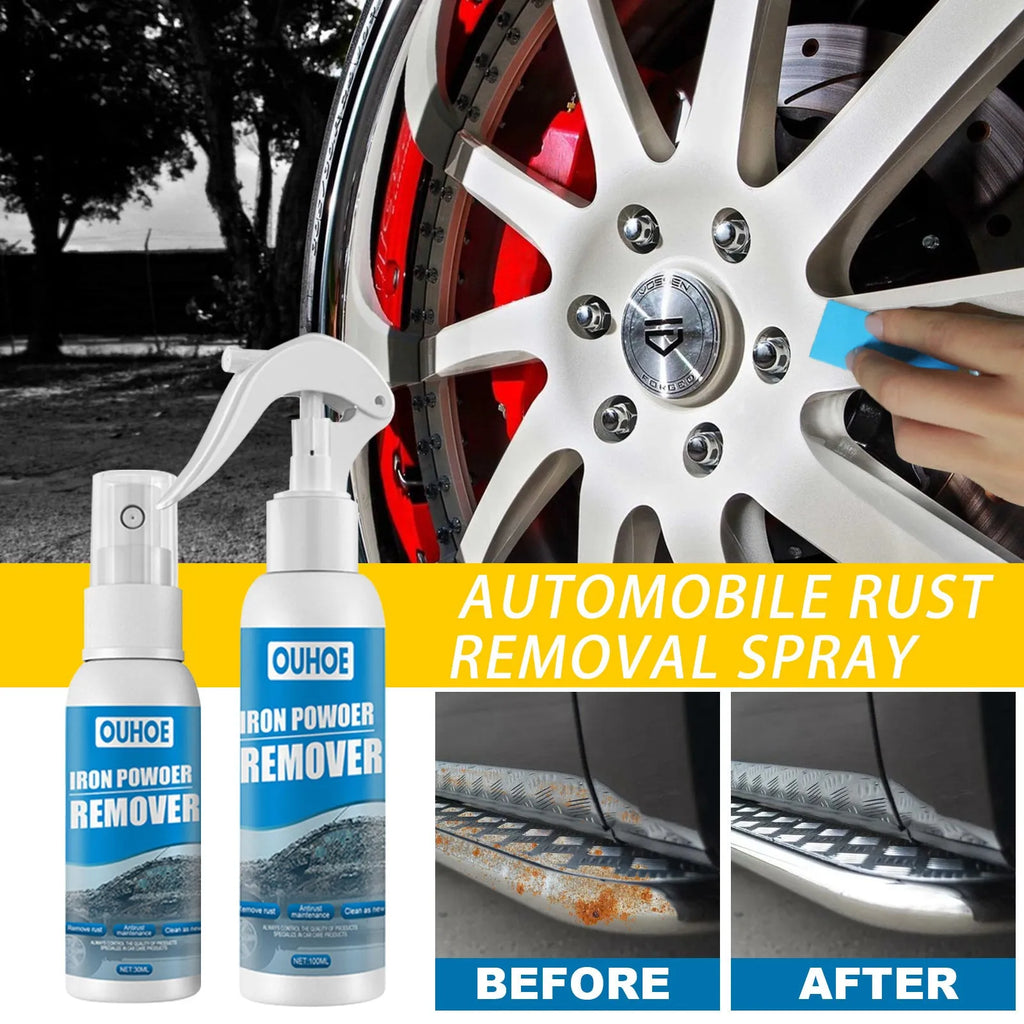 Automotive iron powder rust remover spray bottle with blue square sponge applicator for car surface treatment