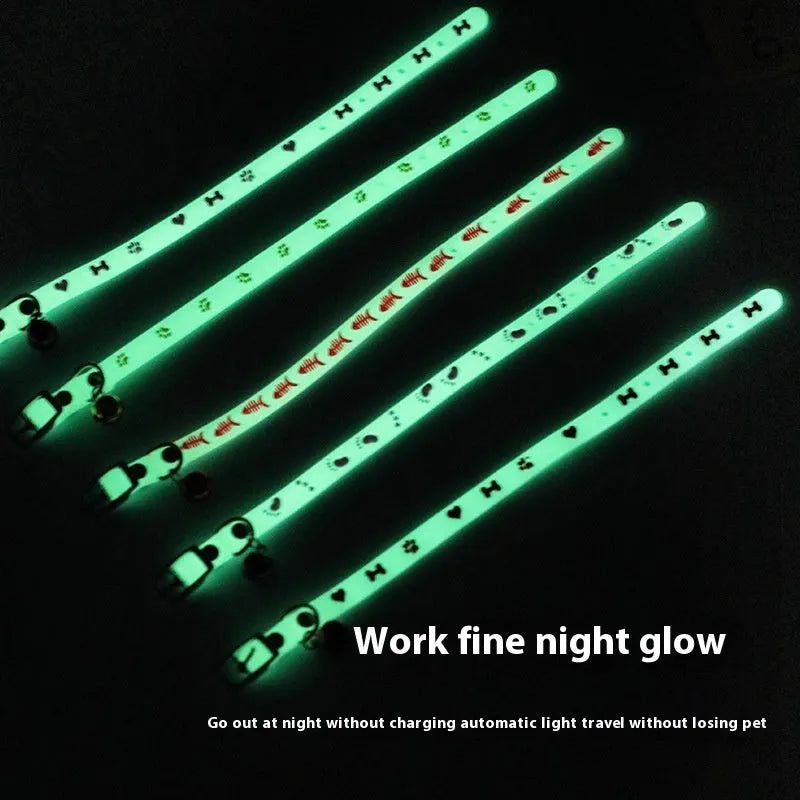 Glow in the dark cat collar with adjustable chain in paw print, love, fishbone, or footprint design.