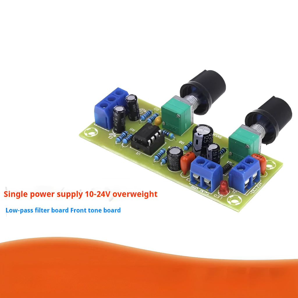 Single power supply 10-24V bass boost front stage board with FR-4 PCB and mounting holes