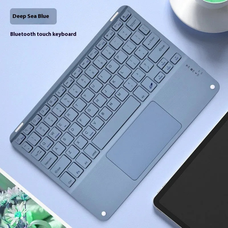 Square hat touch wireless Bluetooth keyboard in assorted colours on a desk.