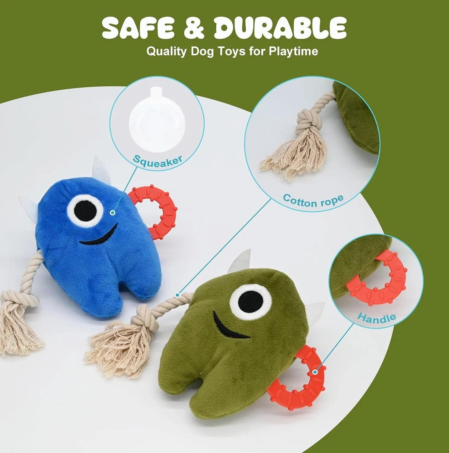 Blue or green monster plush dog toy with integrated cotton rope tug sections and a squeaker.