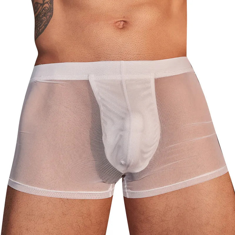 Black and white men's nylon boxer briefs showing ultra-thin breathable construction