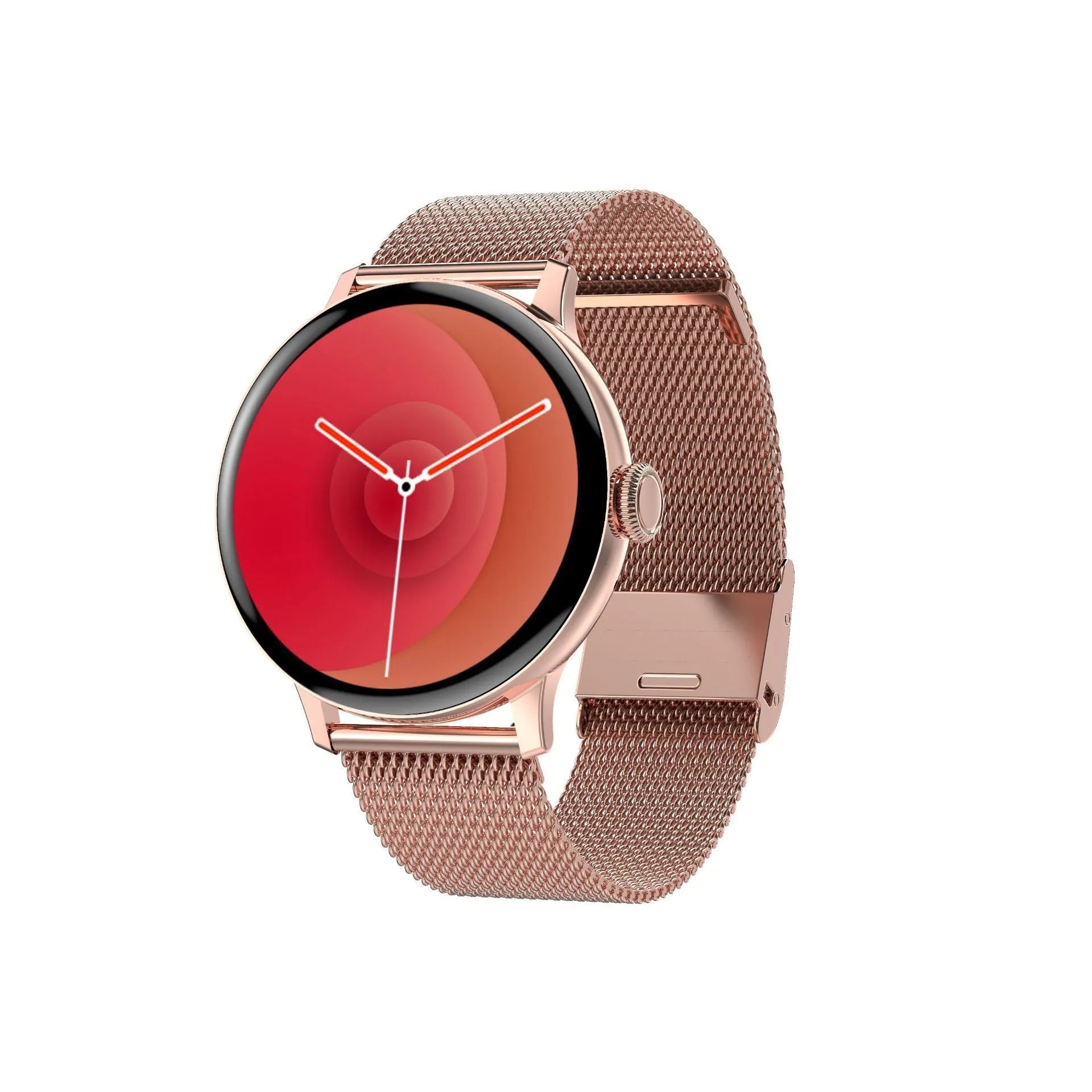 Gold smart bracelet with 42mm case on wrist, showing call screen and heart rate data.