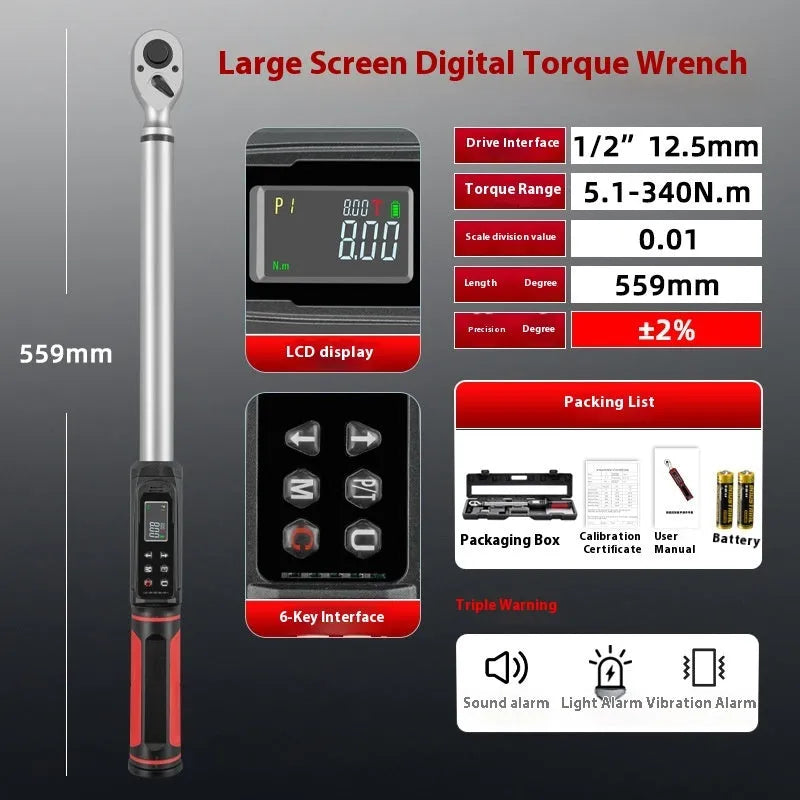 Electronic digital torque wrench with LCD screen and chrome-vanadium steel body.