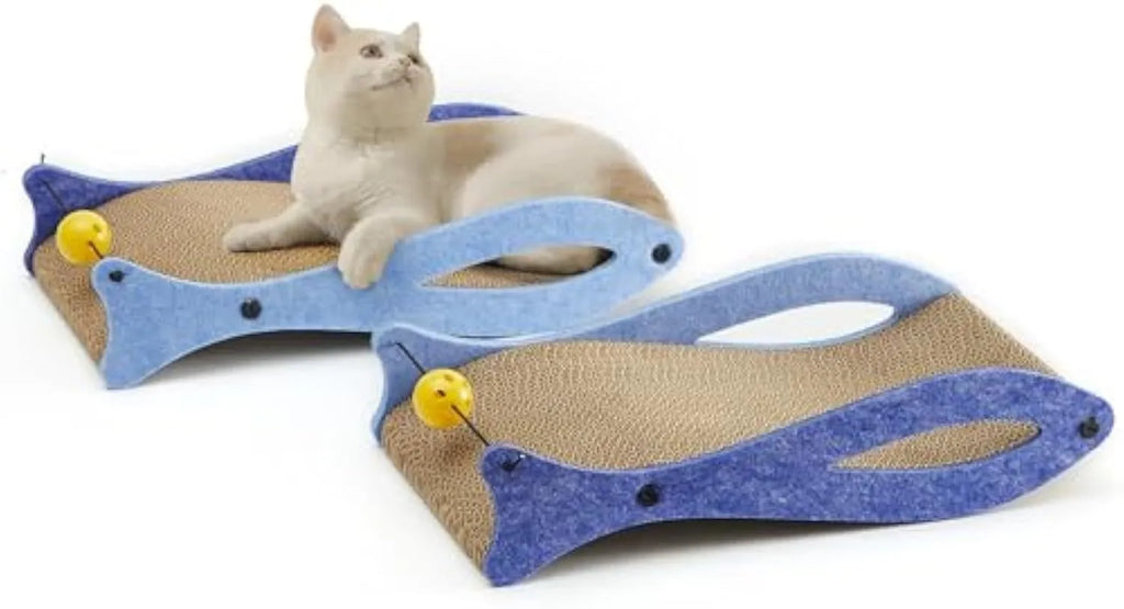 Blue fish-shaped cardboard cat scratcher with bell ball toys on elastic cord