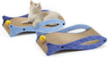 Blue fish-shaped cardboard cat scratcher with bell ball toys on elastic cord