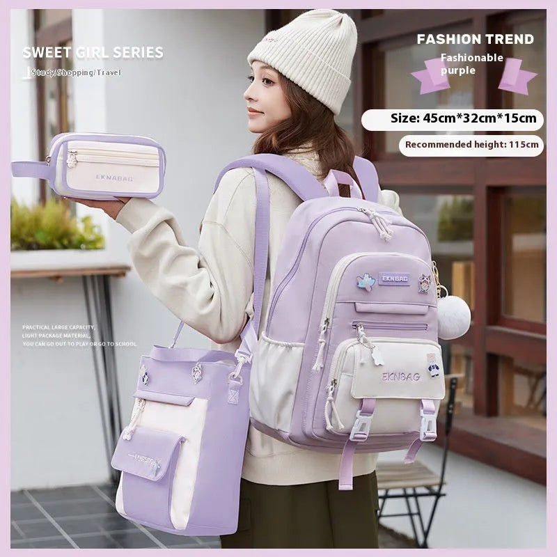 Girls waterproof Oxford cloth school backpack with curved straps and spine protection in solid colours for grade 5-6 students