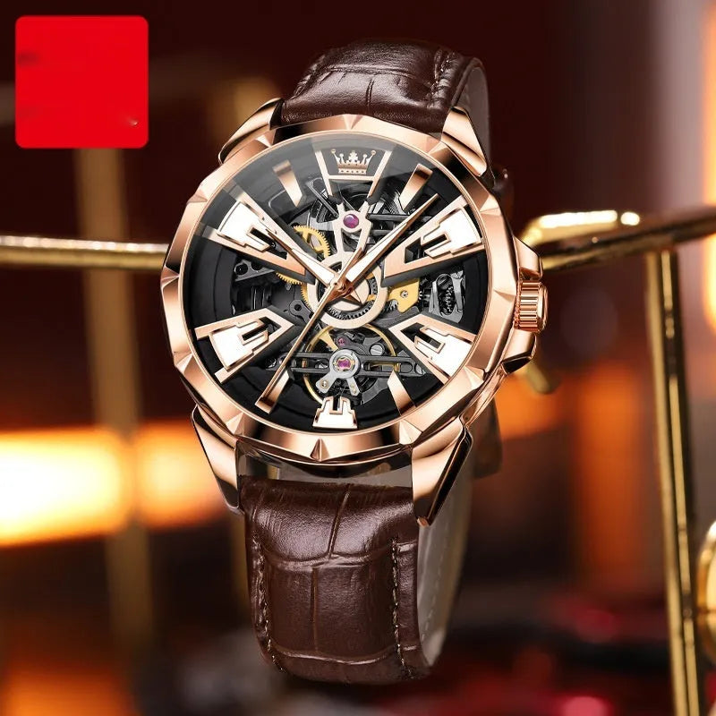 Men's automatic mechanical watch with hollow dial visible through transparent case back on genuine leather strap