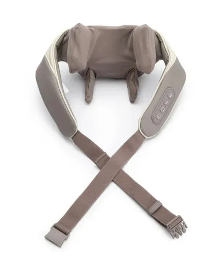 Milky white rechargeable shoulder and neck kneading massager with infrared physiotherapy.
