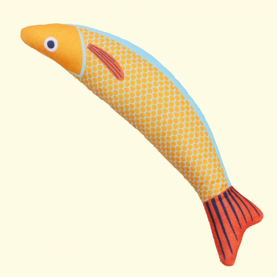 Soft plush catnip fish toy in bright colours measuring 24cm for interactive cat play