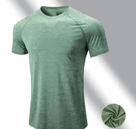 Men's cationic polyester running short sleeve top in green with tight stretch construction
