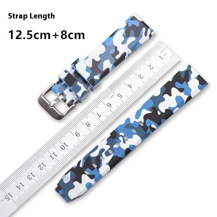 Green camouflage silicone watch strap showing flat head design and buckle, next to 20mm 22mm 24mm size indicators.