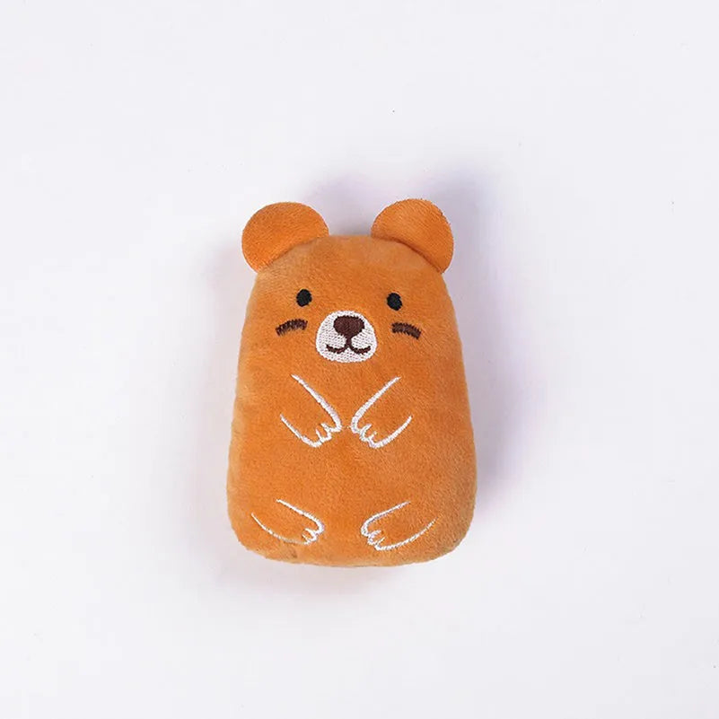 Compact plush catnip toy for teeth grinding and chewing, shown in one of six colour options