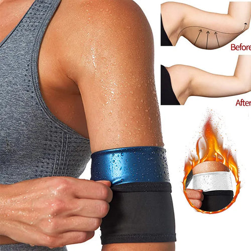 Blue and silver sports arm sweatband shown on an arm, with packaging showing black and red colour option.
