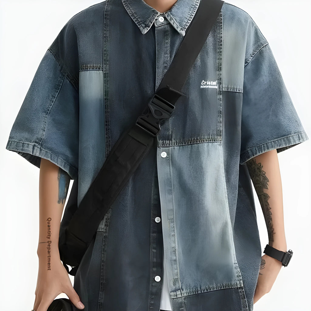 Blue men's denim shirt with washed stitching details and loose cardigan fit