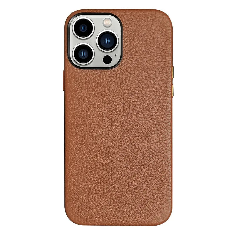 Tan cowhide leather lychee pattern phone case for iPhone with magnetic suction option
