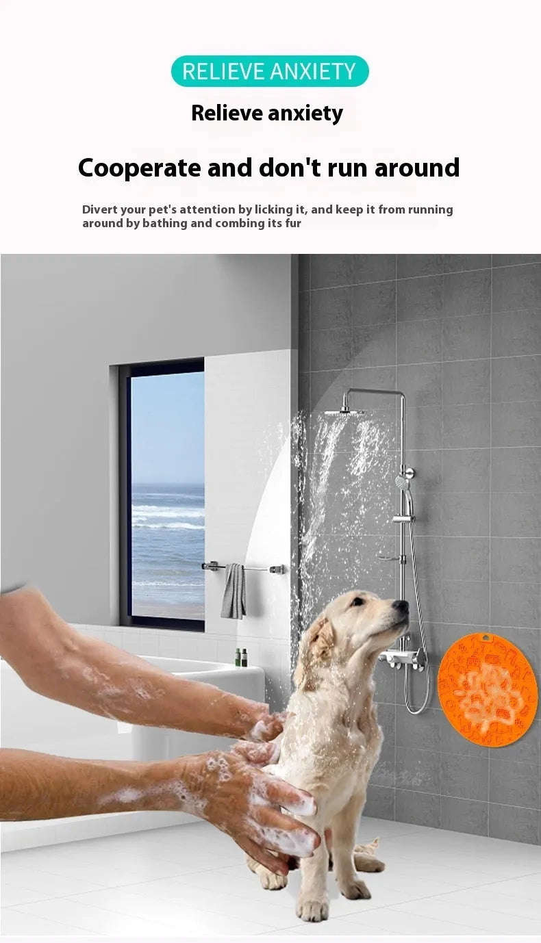 Round silicone pet licking mat with suction cups in blue, grey, mint, orange, and pink colours.