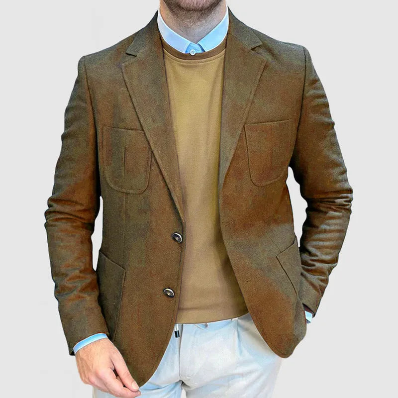 Men's loose-fit cotton retro suit jacket in army green on a hanger