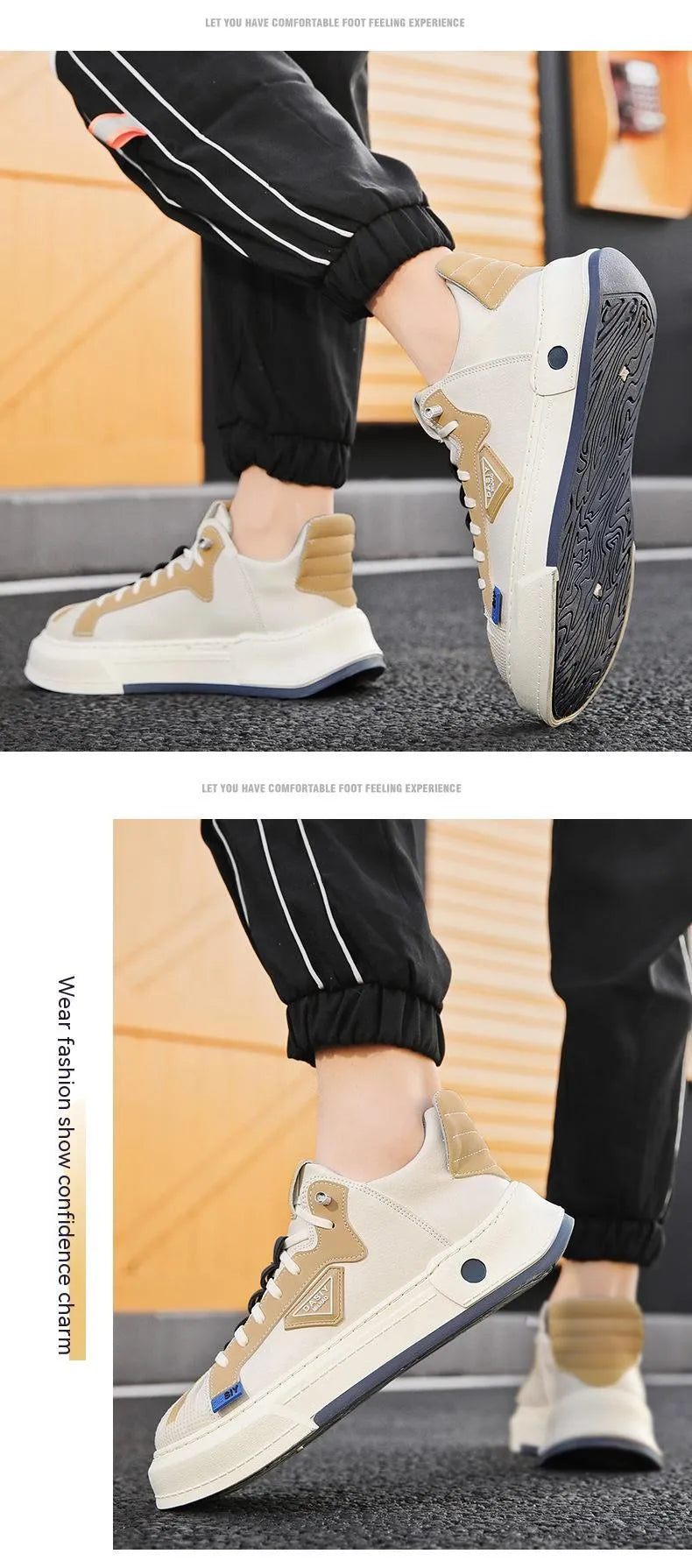 Men's beige and black casual sneakers with elastic band fastening and round toe design
