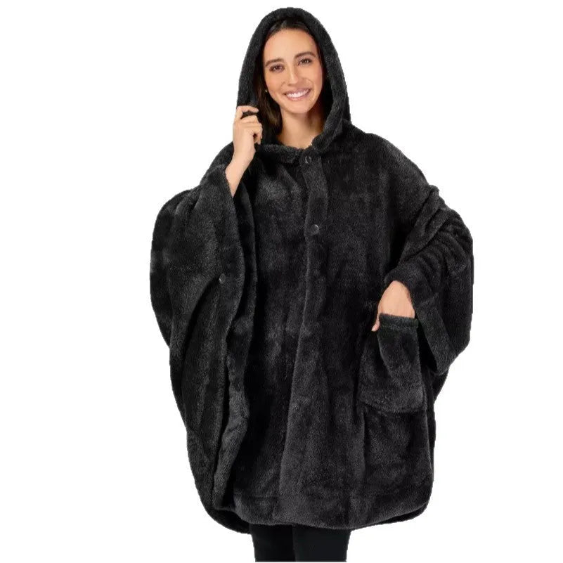Thick hooded polyester bathrobe in black, dark grey, or pink, shown as a long-sleeve cardigan.