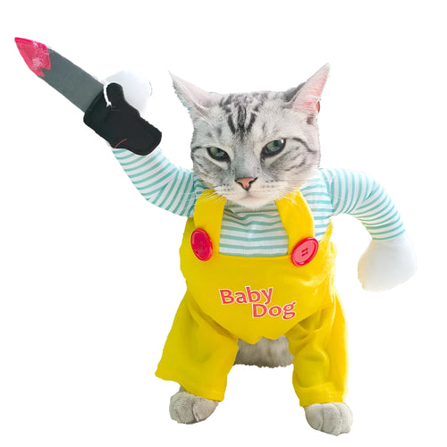 Yellow knife assassin costume for cats with polyester construction available in sizes S M L XL