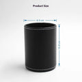 Round black leather pen holder showing cylindrical shape for desk organisation