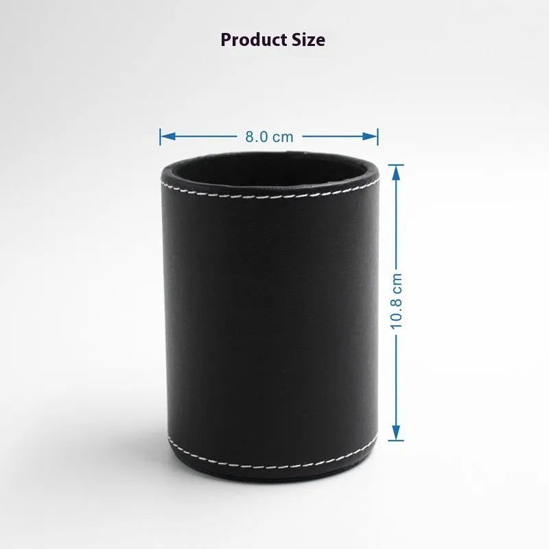 Round black leather pen holder showing cylindrical shape for desk organisation