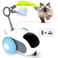 Smart electronic cat toy car with feather attachment and remote control on blue background