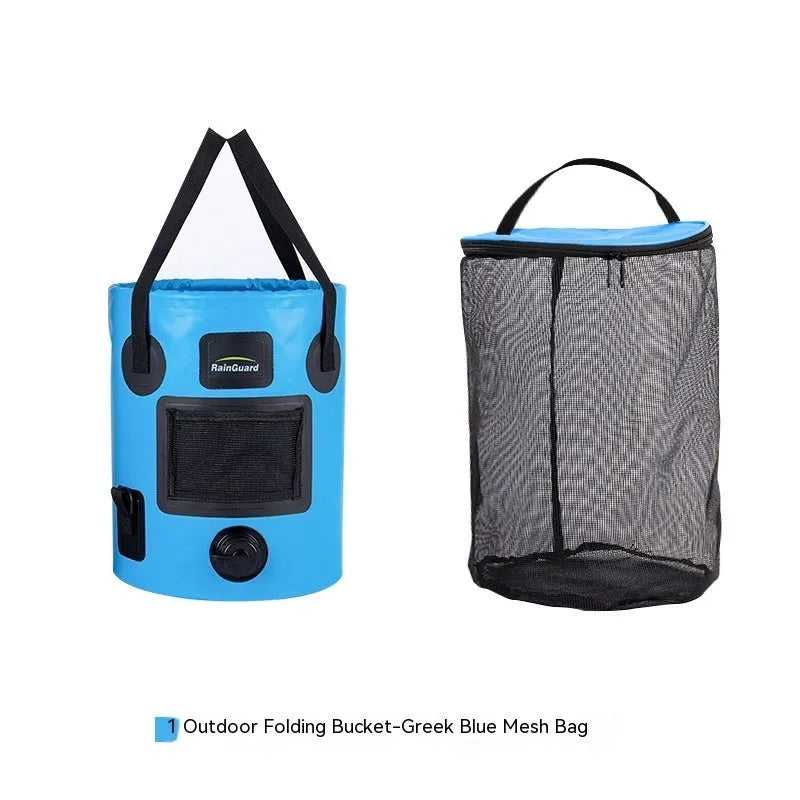 Outdoor portable folding fishing bucket in lemon yellow colour showing 25L capacity and foldable design