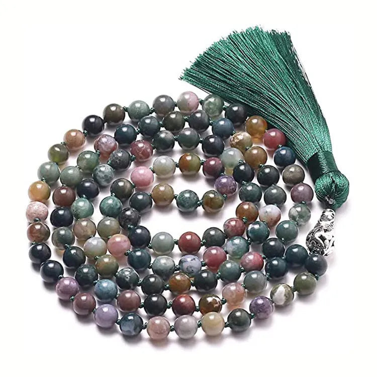 Geometric agate tassel necklace in a choice of ten colours including blue stone and amethyst, shown at full 95-100cm length.