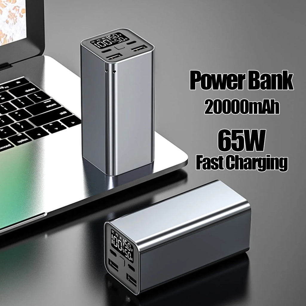 Black 65W metal power bank for laptop charging with 20000mAh capacity